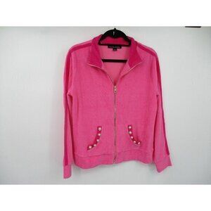 Boston Proper Womens Cardigan Sweater Medium Zip Up Pockets Pearl Accents Cotton